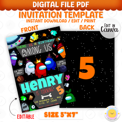 Throw a sus party with this fun Among Us birthday invitation! Customize in Canva, then print or share digitally. Instant download
