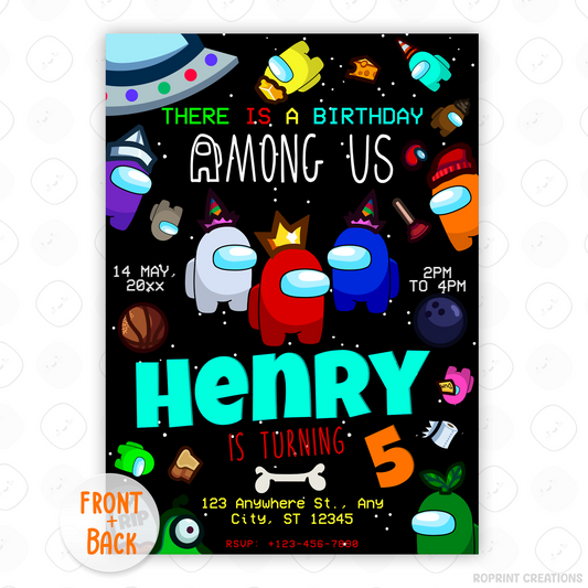 Throw a sus party with this fun Among Us birthday invitation! Customize in Canva, then print or share digitally. Instant download