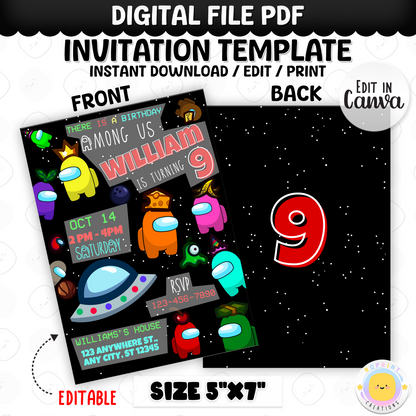 Throw a sus party with this fun Among Us birthday invitation! Customize in Canva, then print or share digitally. Instant download