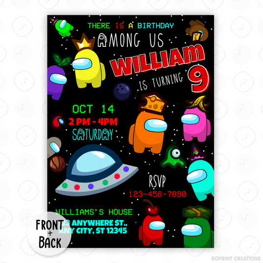 Throw a sus party with this fun Among Us birthday invitation! Customize in Canva, then print or share digitally. Instant download