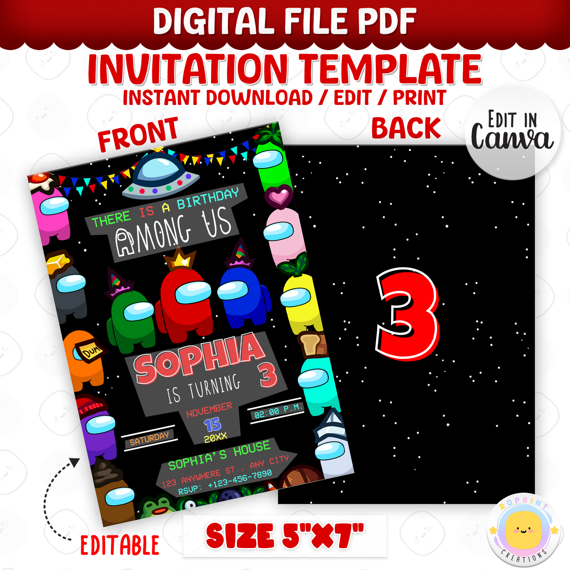 Throw a sus party with this fun Among Us birthday invitation! Customize in Canva, then print or share digitally. Instant download