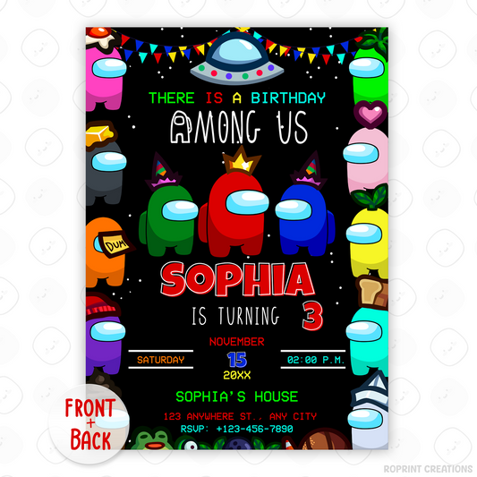Throw a sus party with this fun Among Us birthday invitation! Customize in Canva, then print or share digitally. Instant download