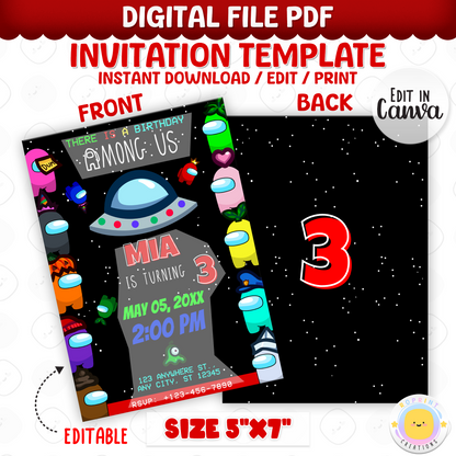 Throw a sus party with this fun Among Us birthday invitation! Customize in Canva, then print or share digitally. Instant download