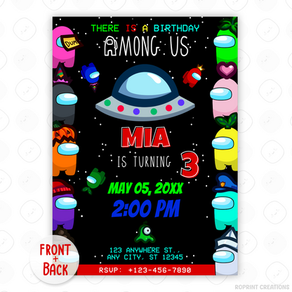 Throw a sus party with this fun Among Us birthday invitation! Customize in Canva, then print or share digitally. Instant download
