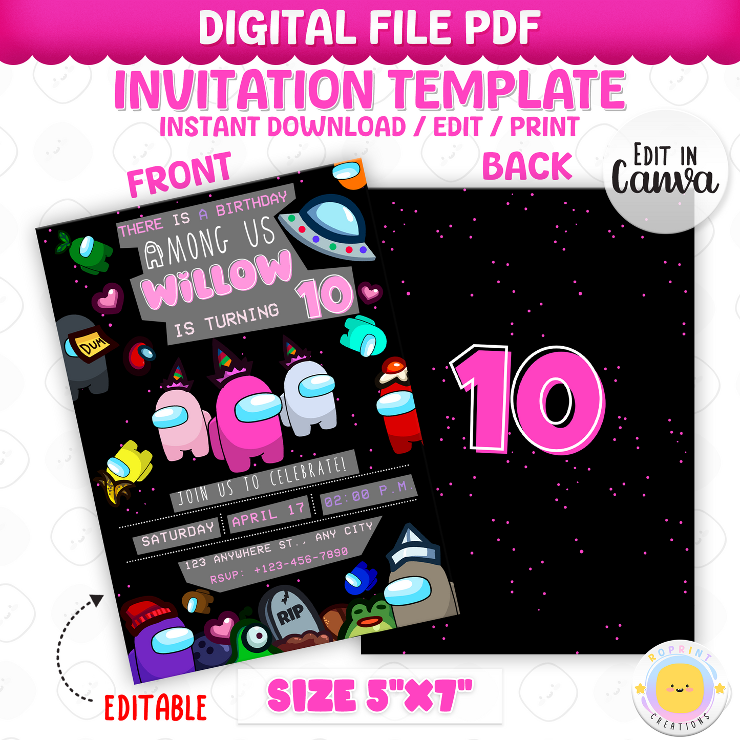 Throw a sus party with this fun Among Us birthday invitation! Customize in Canva, then print or share digitally. Instant download
