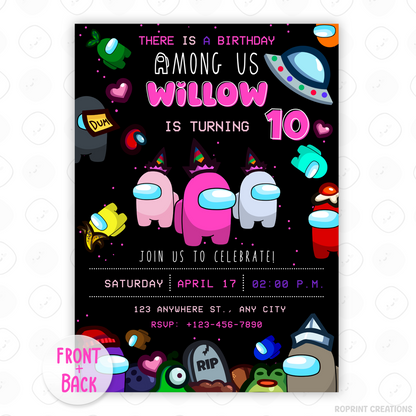 Throw a sus party with this fun Among Us birthday invitation! Customize in Canva, then print or share digitally. Instant download