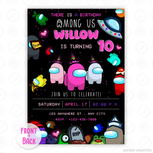 Throw a sus party with this fun Among Us birthday invitation! Customize in Canva, then print or share digitally. Instant download