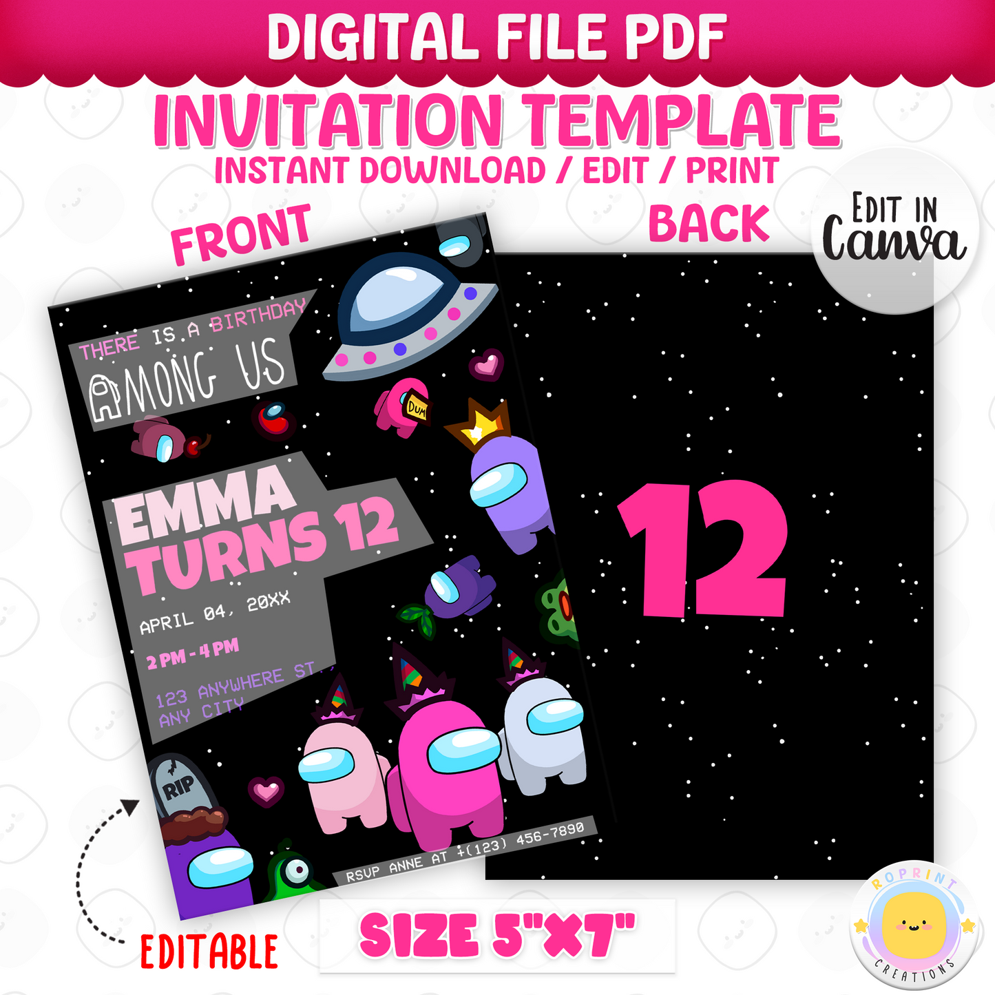 Throw a sus party with this fun Among Us Girl birthday invitation! Customize in Canva, then print or share digitally. Instant download