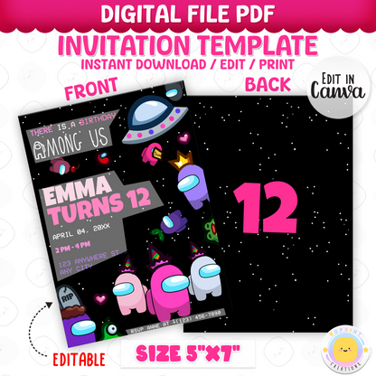 Throw a sus party with this fun Among Us Girl birthday invitation! Customize in Canva, then print or share digitally. Instant download