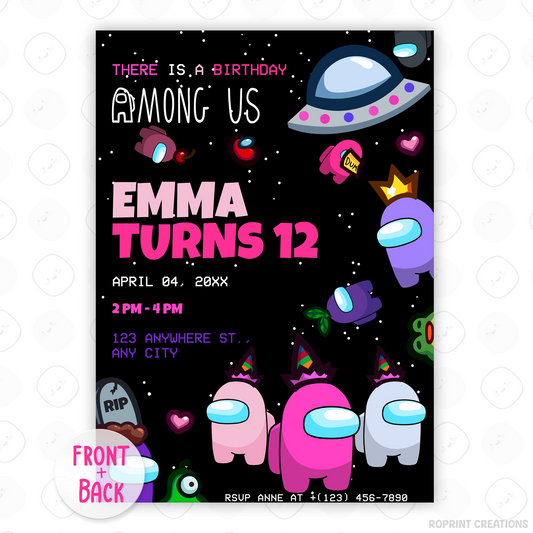 Throw a sus party with this fun Among Us Girl birthday invitation! Customize in Canva, then print or share digitally. Instant download