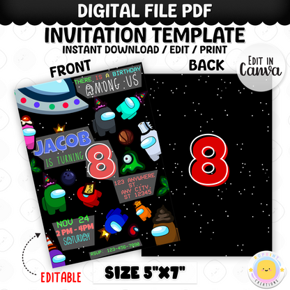 Throw a sus party with this fun Among Us birthday invitation! Customize in Canva, then print or share digitally. Instant download