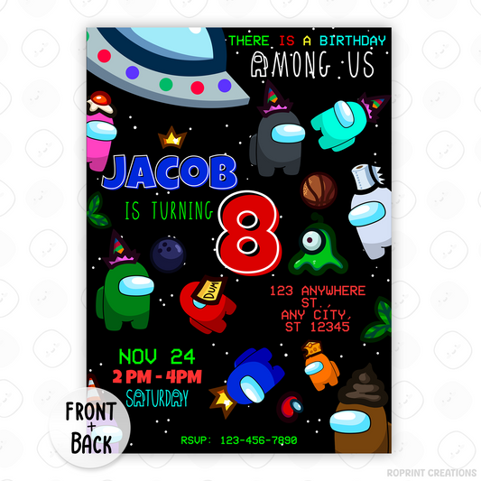Throw a sus party with this fun Among Us birthday invitation! Customize in Canva, then print or share digitally. Instant download