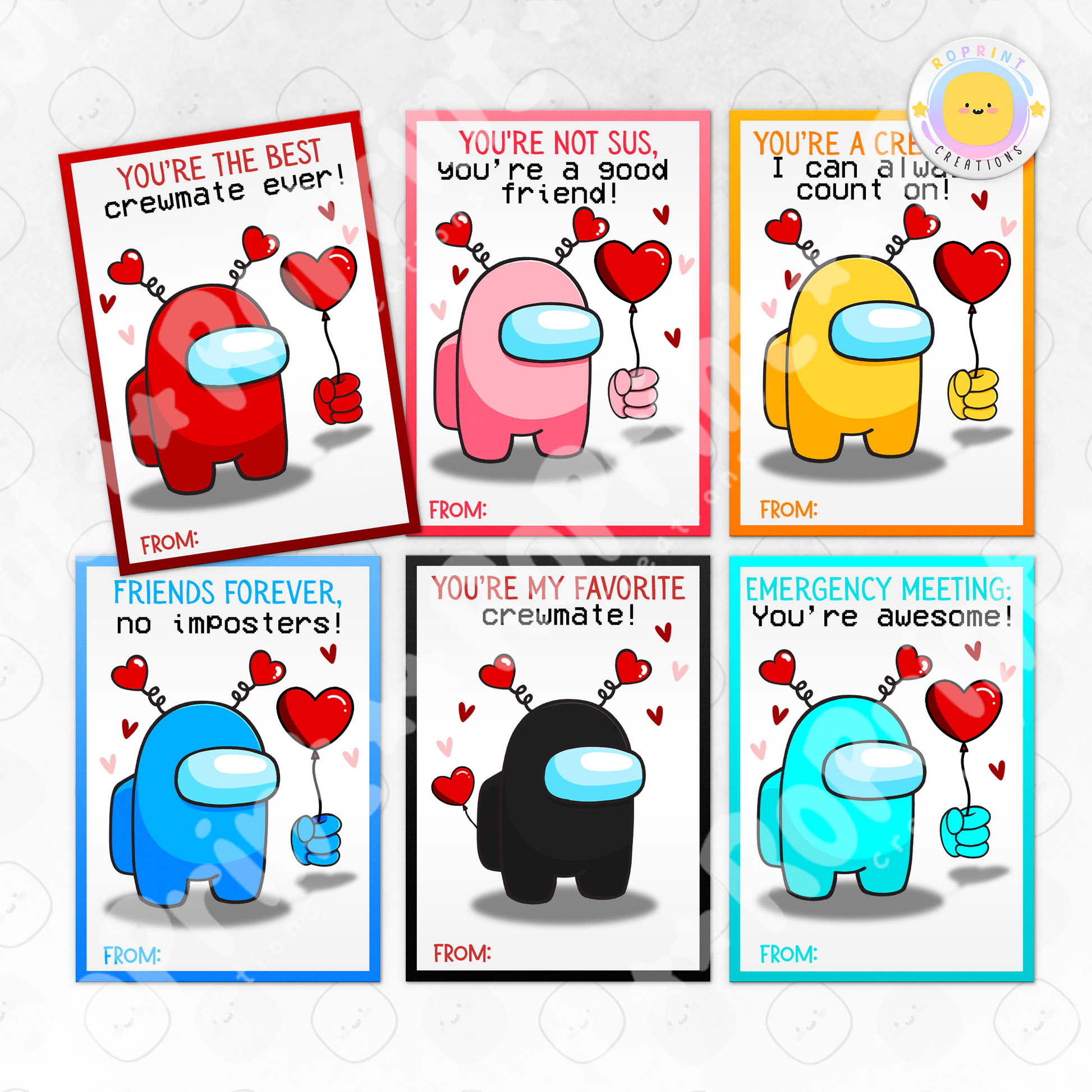 Among Us Valentine Cards - Printable Kids Valentine's Day Cards
