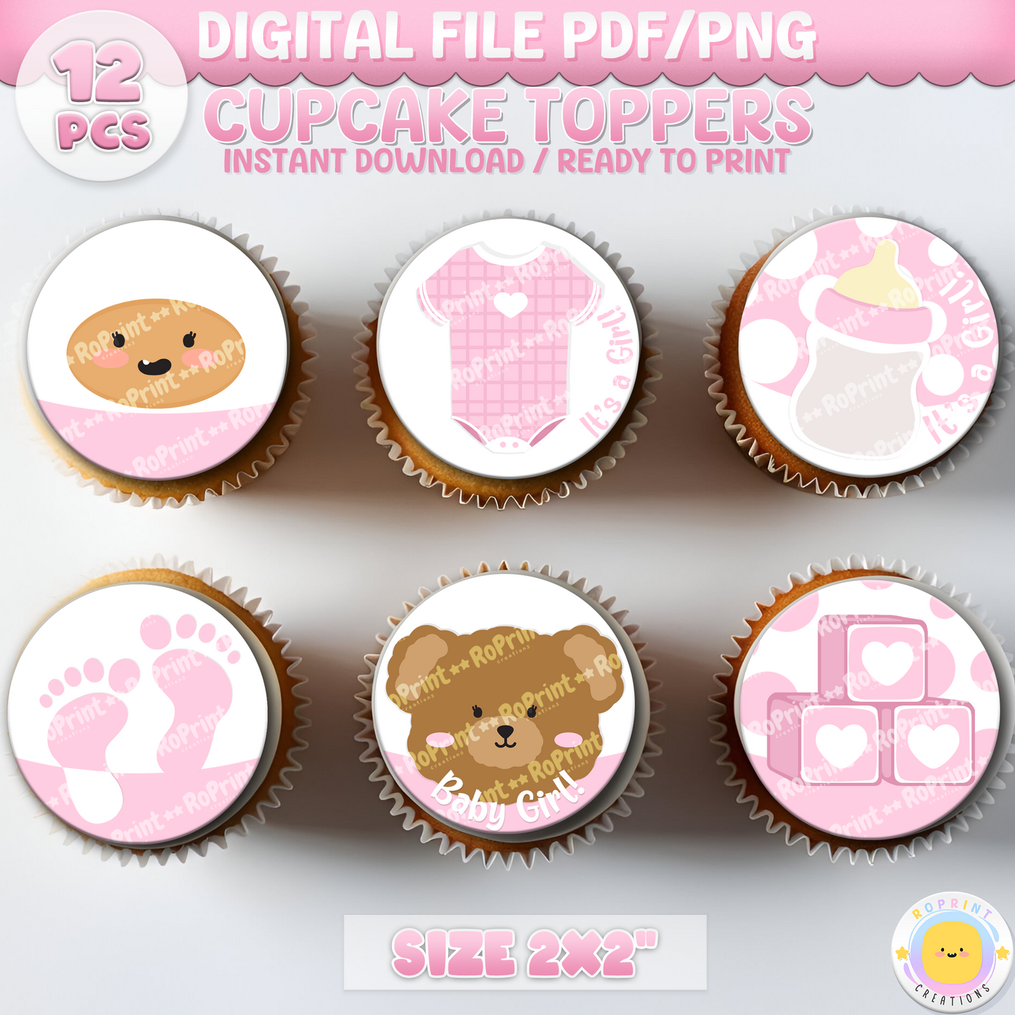 Digital printable baby shower cupcake toppers for girls, perfect for a sweet and themed kids' party favor.