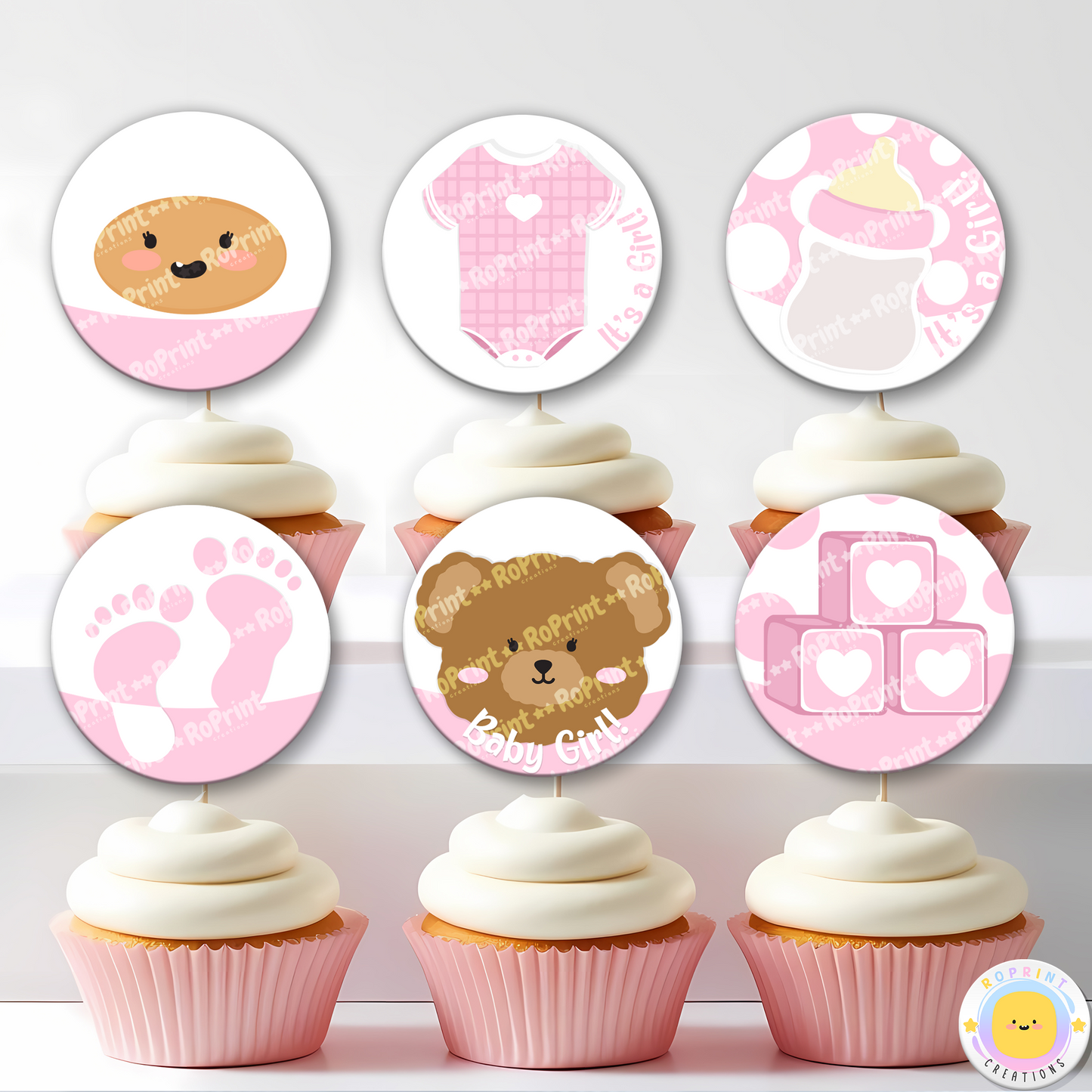 Digital printable baby shower cupcake toppers for girls, perfect for a sweet and themed kids' party favor.