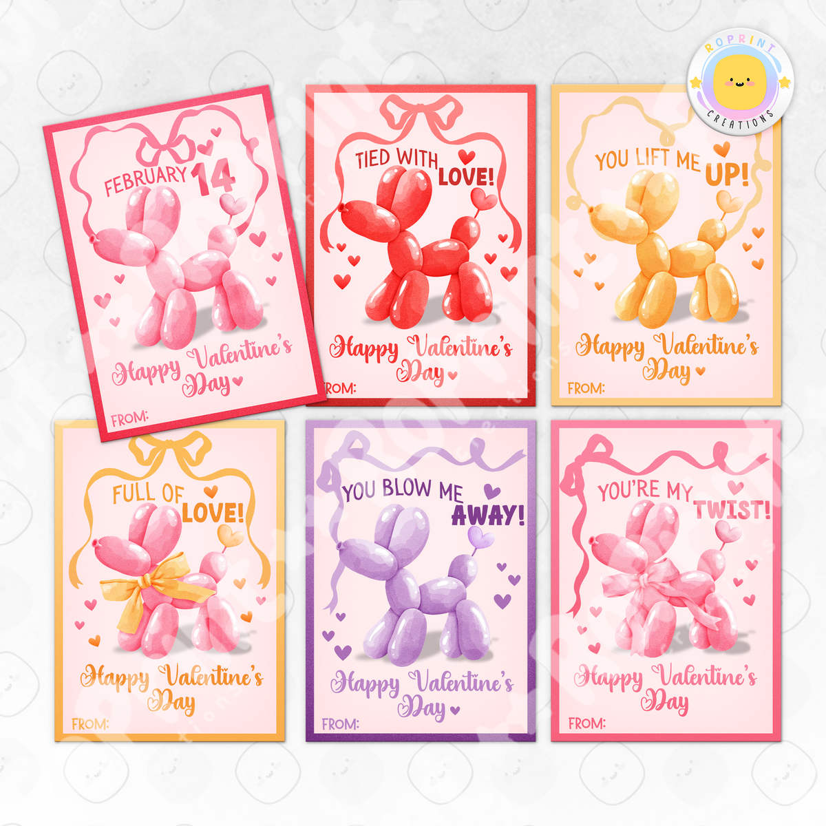 Balloon Animal Valentine Cards - Printable Kids Valentine's Day Cards