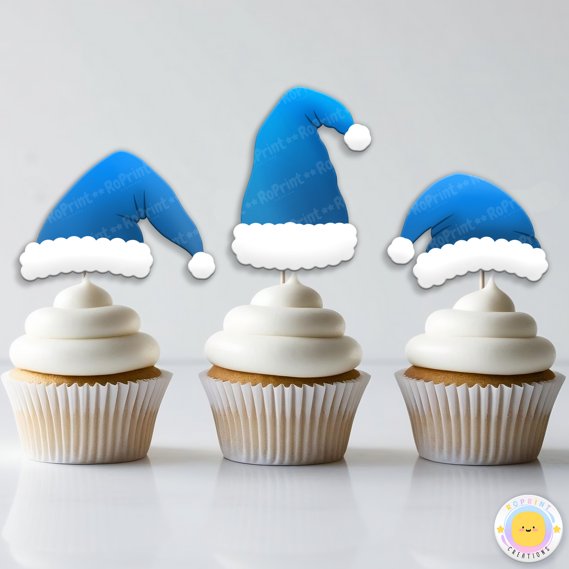 Digital printable Santa hat cupcake toppers, ideal for adding a festive touch to holiday party treats.