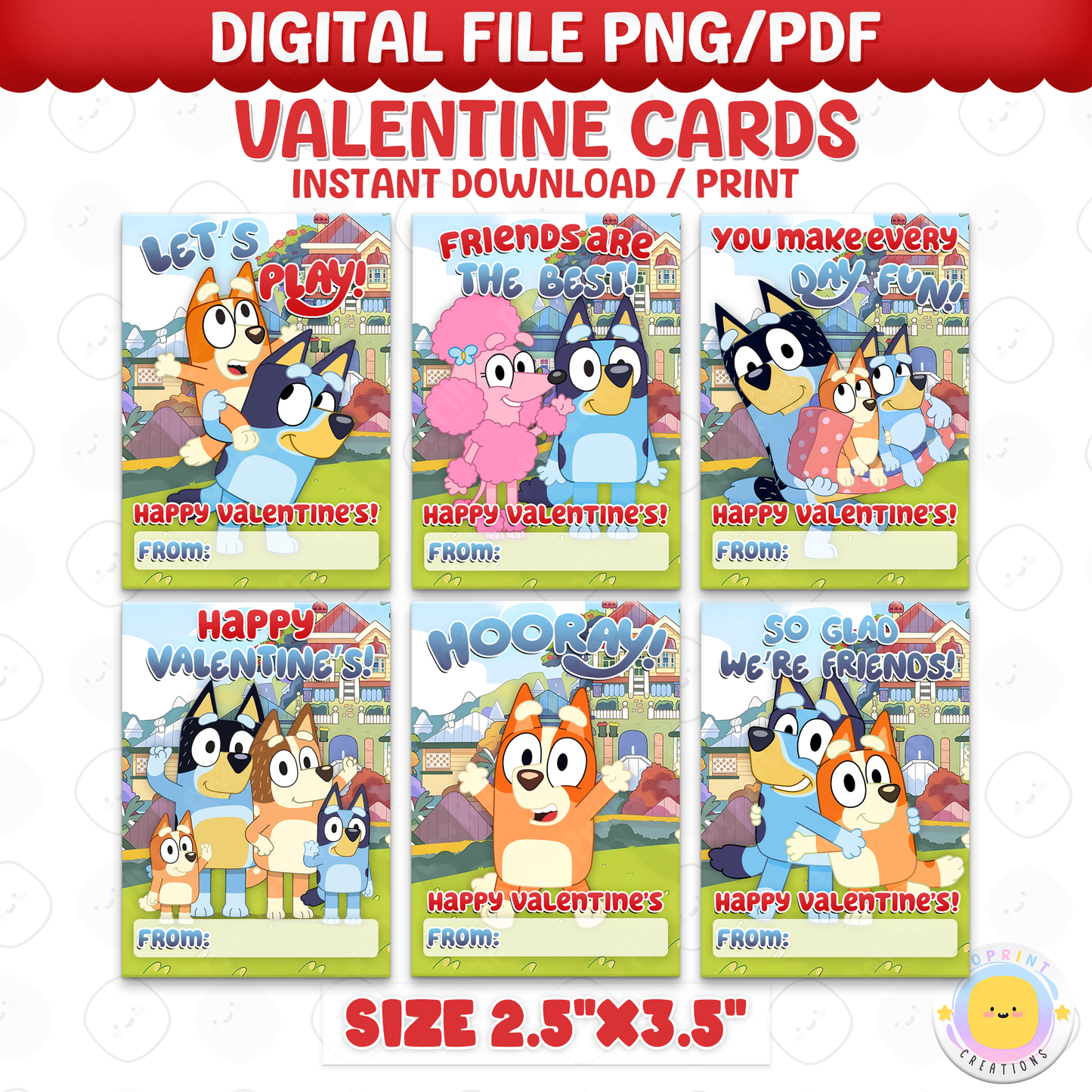 Share the love with these cute Bluey & Bingo Valentine cards! Perfect for kids’ classrooms and treat bags—simply download, print, and hand out for a fun Valentine celebration. Instant Download