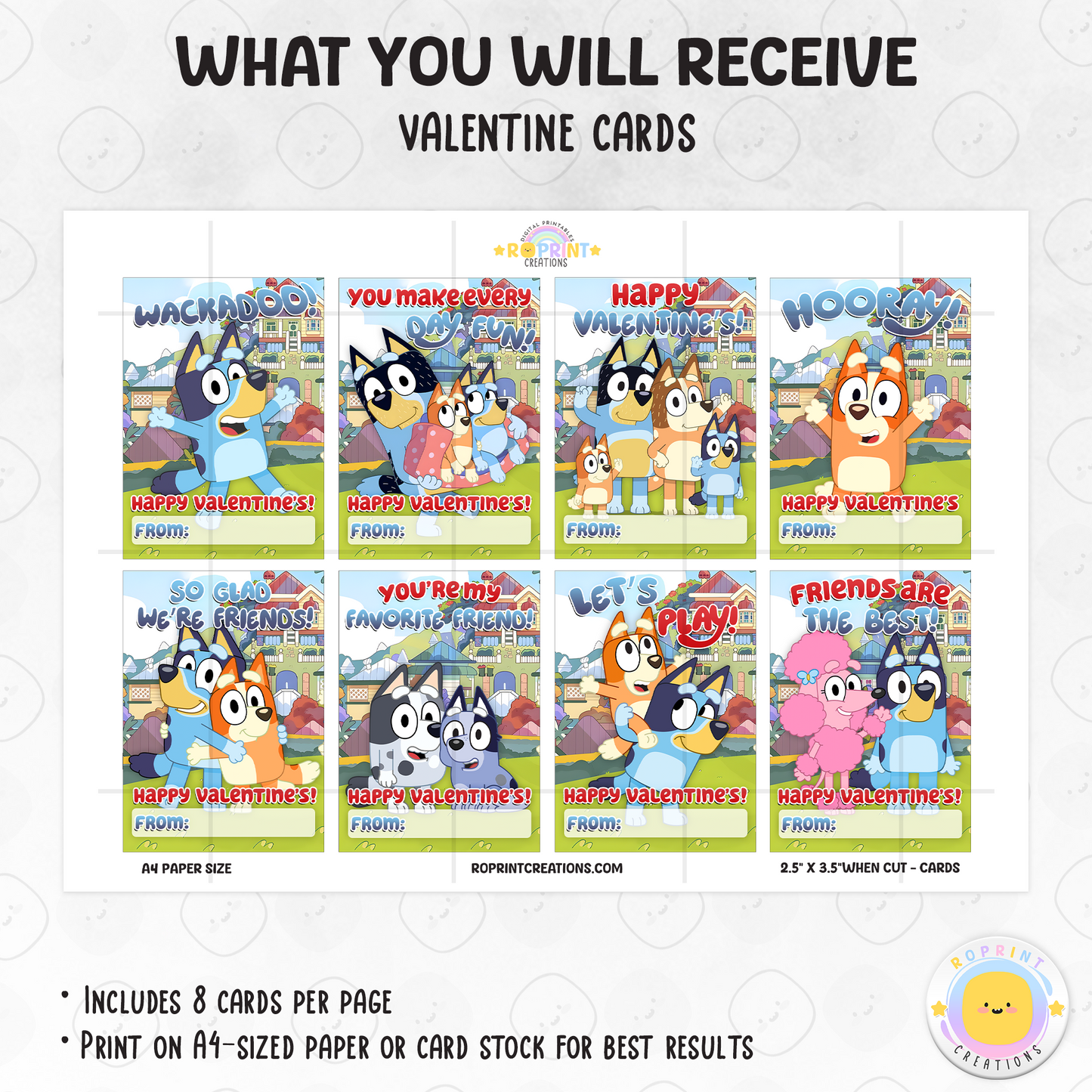 Share the love with these cute Bluey & Bingo Valentine cards! Perfect for kids’ classrooms and treat bags—simply download, print, and hand out for a fun Valentine celebration. Instant Download