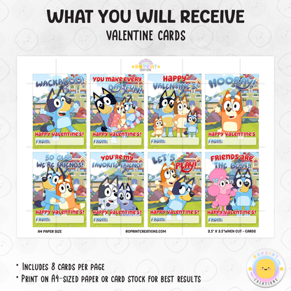 Share the love with these cute Bluey & Bingo Valentine cards! Perfect for kids’ classrooms and treat bags—simply download, print, and hand out for a fun Valentine celebration. Instant Download