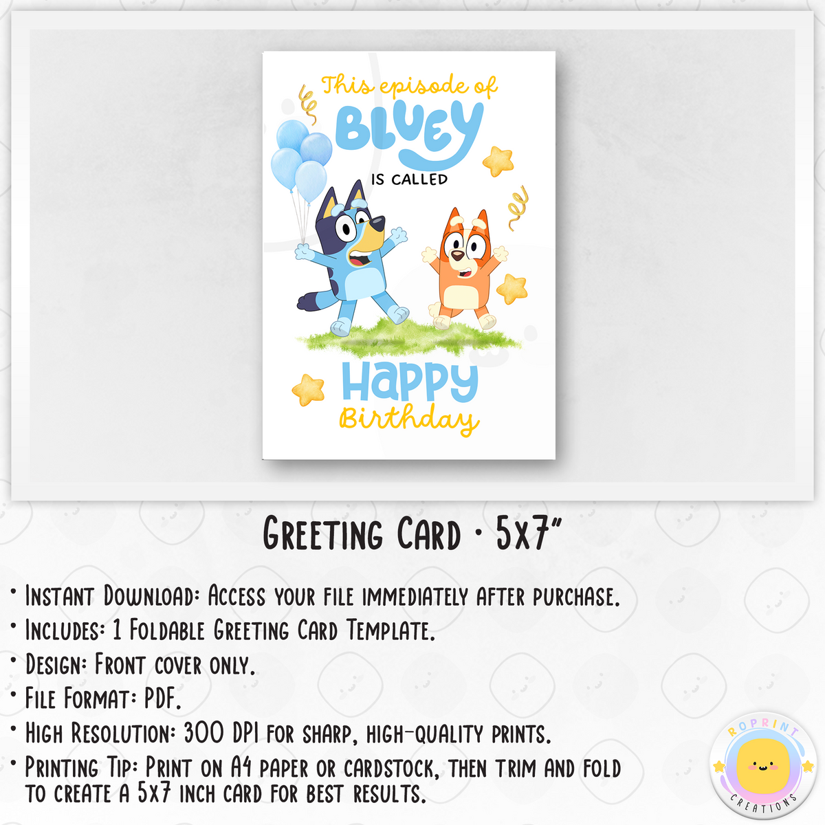 Bluey Birthday Card - Bluey Printable Birthday Greeting Card. Add a cheerful Bluey touch to your celebration with this foldable greeting card! Instantly download, print, and trim to a 5x7 inch card. Digital file only.