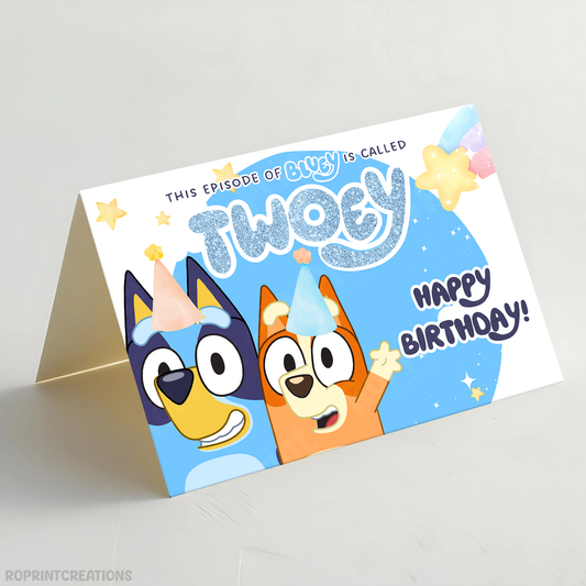 Celebrate your little one’s special day with this adorable Bluey “Twoey” birthday card! Simply download, print, trim, and fold to create a fun 7x5 greeting card. Instant Download.