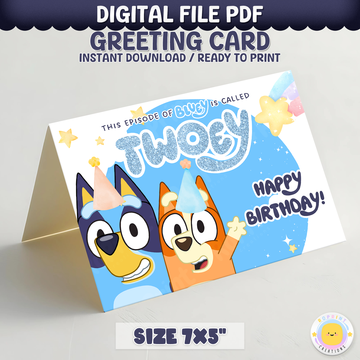 Celebrate your little one’s special day with this adorable Bluey “Twoey” birthday card! Simply download, print, trim, and fold to create a fun 7x5 greeting card. Instant Download.