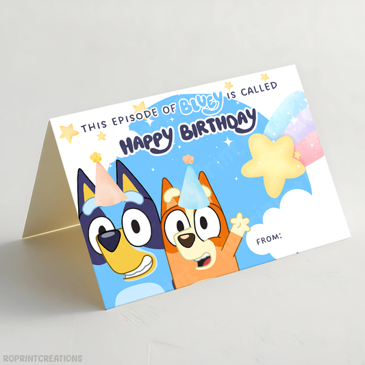 Bring the magic of Bluey to the celebration with this fun “This Episode is Called” birthday card! Download, print, trim, and fold to create a 5x7 greeting card kids will love. Instant Download.