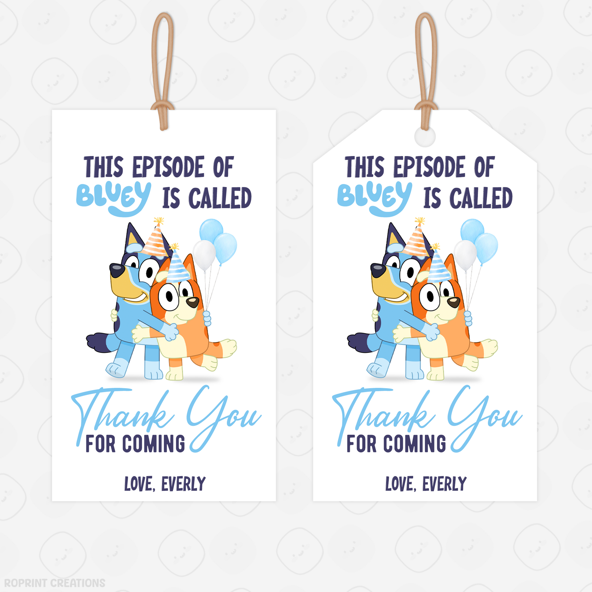 Bluey Birthday Editable Favor Tag - Bluey Thank You Tag Party Favor
Thank your guests with these adorable Bluey favor tags! Easily edit in Canva, then print and attach to your party favors for a fun finishing touch. Instant Download