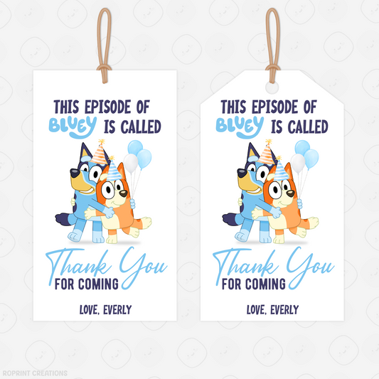 Bluey Birthday Editable Favor Tag - Bluey Thank You Tag Party Favor
Thank your guests with these adorable Bluey favor tags! Easily edit in Canva, then print and attach to your party favors for a fun finishing touch. Instant Download