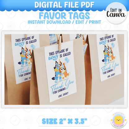 Bluey Birthday Editable Favor Tag - Bluey Thank You Tag Party Favor
Thank your guests with these adorable Bluey favor tags! Easily edit in Canva, then print and attach to your party favors for a fun finishing touch. Instant Download