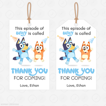 Bluey Birthday Favor Tag Template - Editable Bluey Thank You Tag Party Favor
Thank your guests with these adorable Bluey favor tags! Easily edit in Canva, then print and attach to your party favors for a fun finishing touch. Instant Download