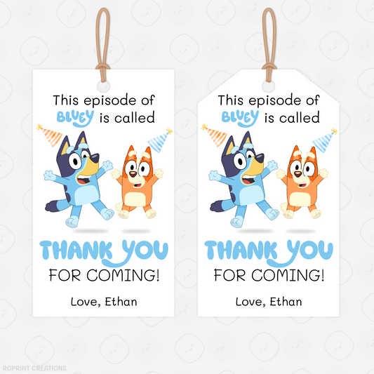 Bluey Birthday Favor Tag Template - Editable Bluey Thank You Tag Party Favor
Thank your guests with these adorable Bluey favor tags! Easily edit in Canva, then print and attach to your party favors for a fun finishing touch. Instant Download