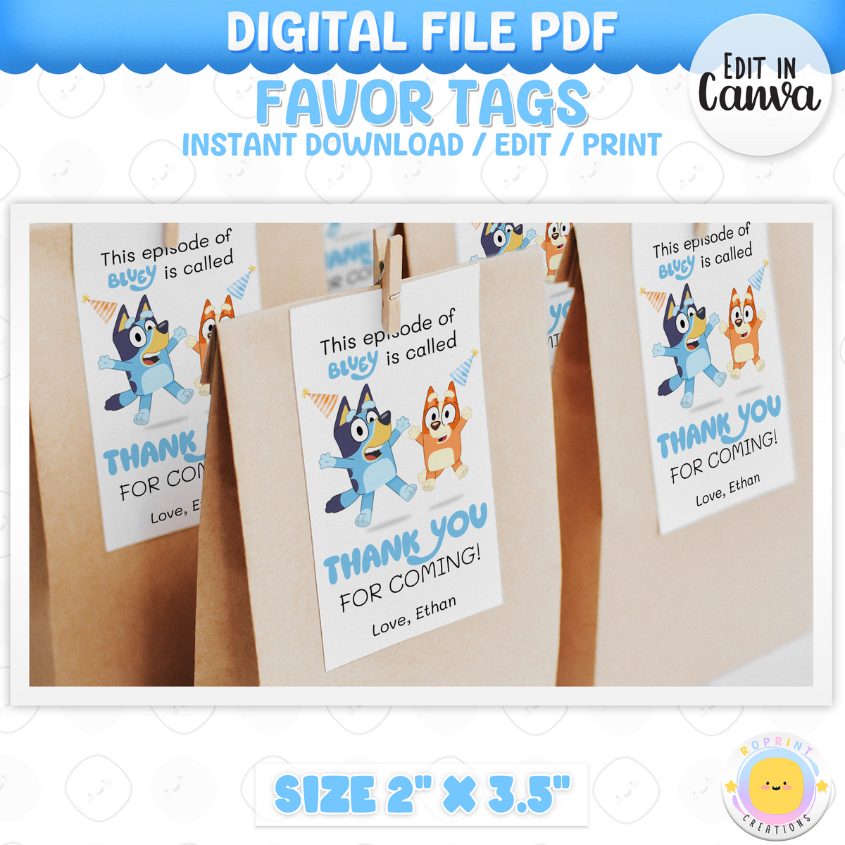 Bluey Birthday Favor Tag Template - Editable Bluey Thank You Tag Party Favor
Thank your guests with these adorable Bluey favor tags! Easily edit in Canva, then print and attach to your party favors for a fun finishing touch. Instant Download