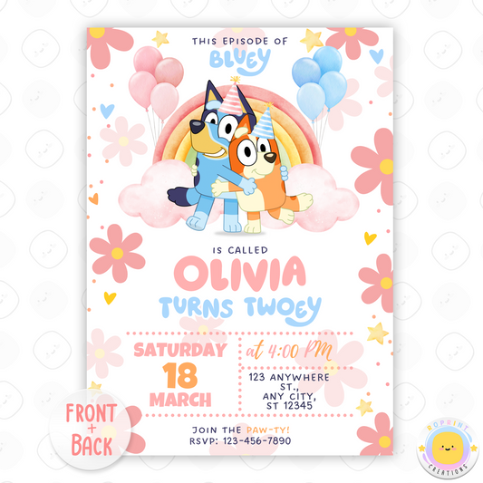Bluey Birthday Girl Invitation Template - Bluey Pink Daisy 2nd Birthday Invitation Canva Template