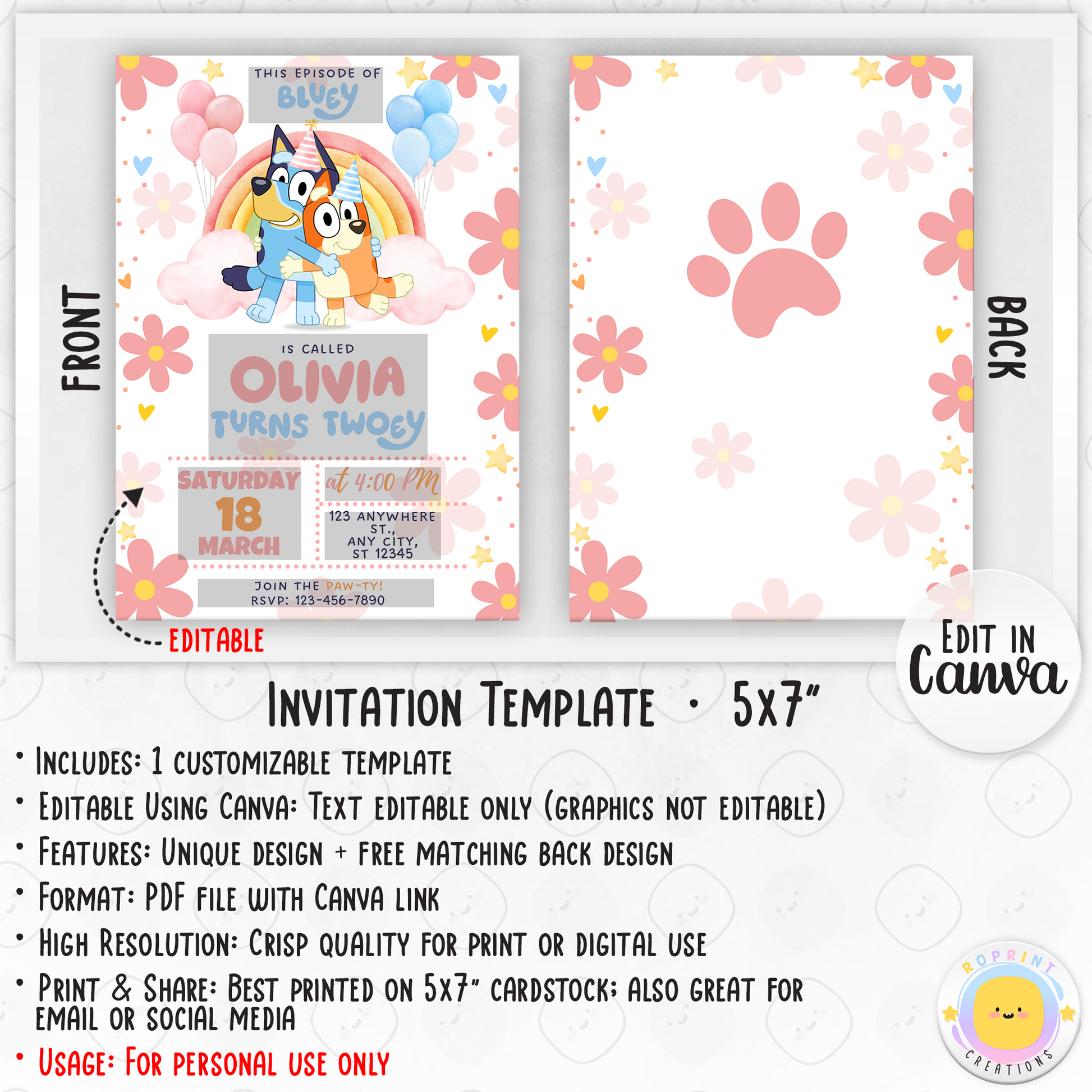 Bluey Birthday Girl Invitation Template - Bluey Pink Daisy 2nd Birthday Invitation info