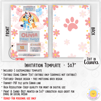 Bluey Birthday Girl Invitation Template - Bluey Pink Daisy 2nd Birthday Invitation info