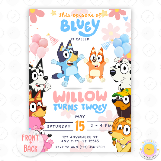 Bluey Birthday Invitation Template - Bluey and Bingo Girl Rainbow 2nd Birthday Invitation Canva Template