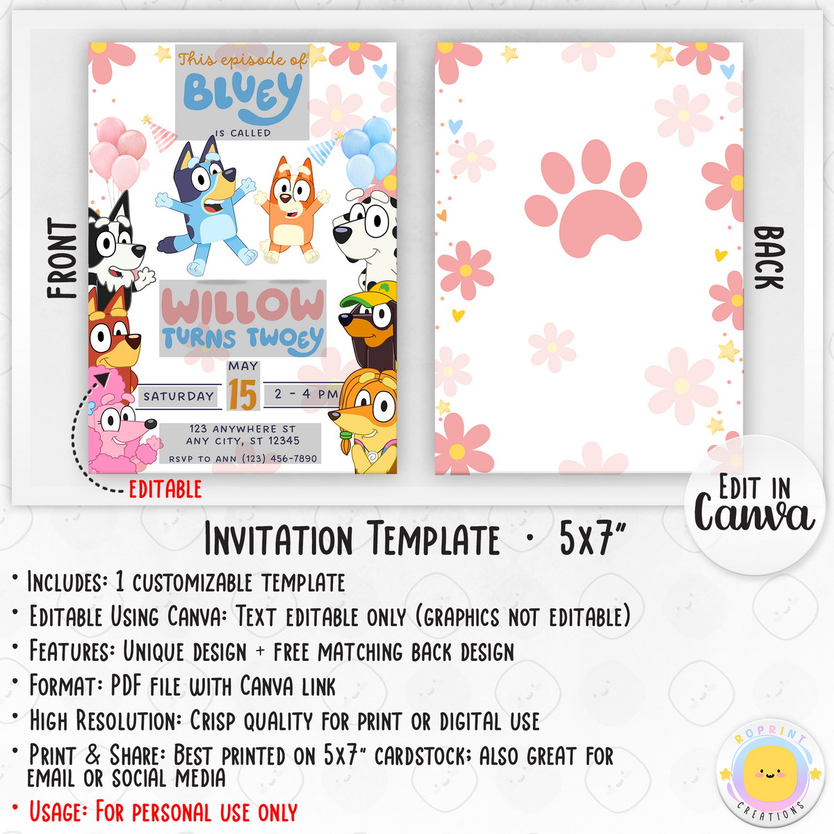 Bluey Birthday Invitation Template - Bluey and Bingo Girl Rainbow 2nd Birthday Invitation info