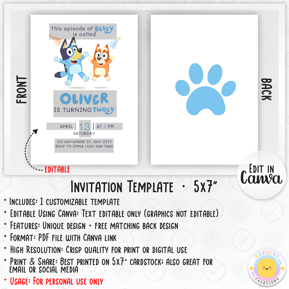 Bluey Birthday Invitation Template - Editable Bluey Template info
