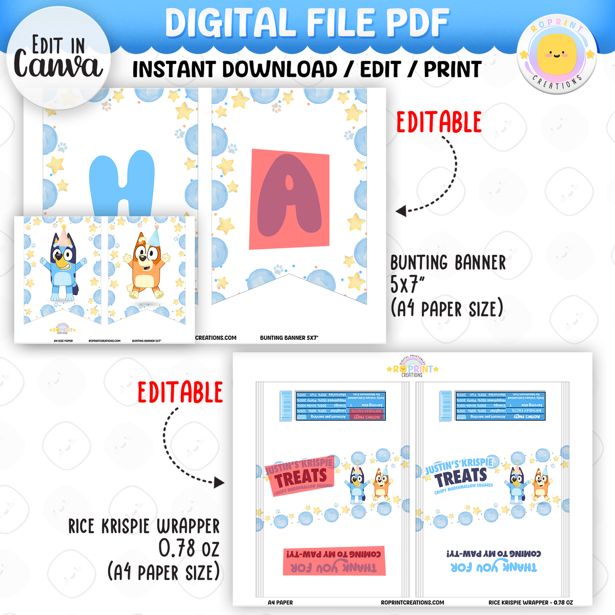 Bluey TWO-EY 2nd birthday party favors, editable Bluey second birthday printable favor template