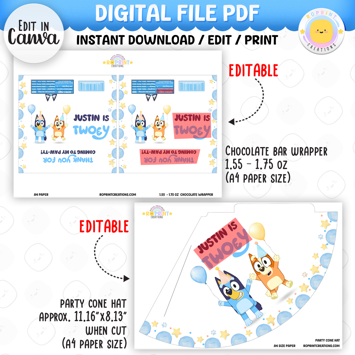 Bluey TWO-EY 2nd birthday party favors, editable Bluey second birthday printable favor template
