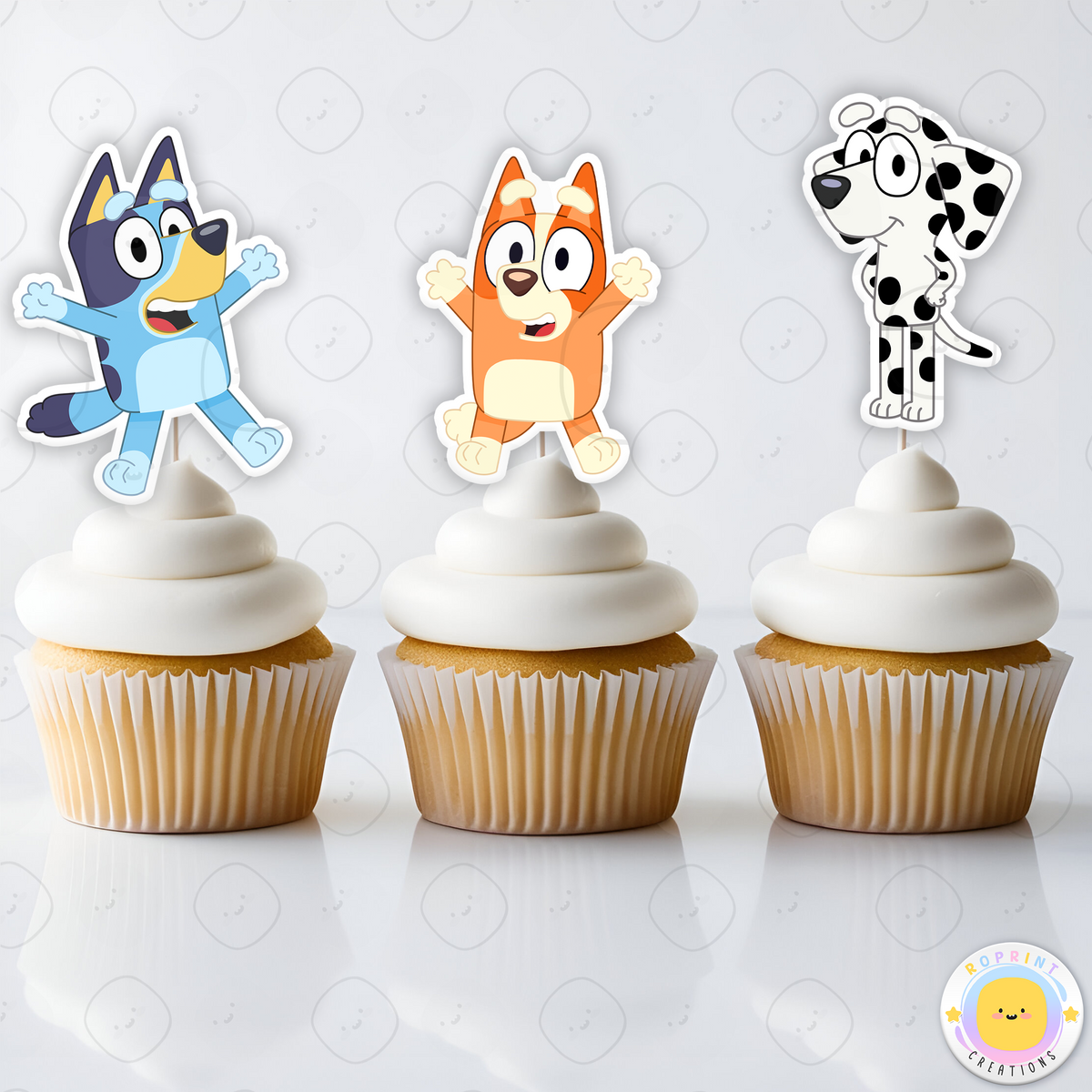 Bluey Cupcake Toppers - Bluey Birthday Cupcake Toppers
Add a fun touch to your celebration with these Bluey Cupcake Toppers! Instantly download, print, and assemble for a unique party decoration. These toppers can also be printed on edible paper or sticker paper to create fun stickers. Digital file only.