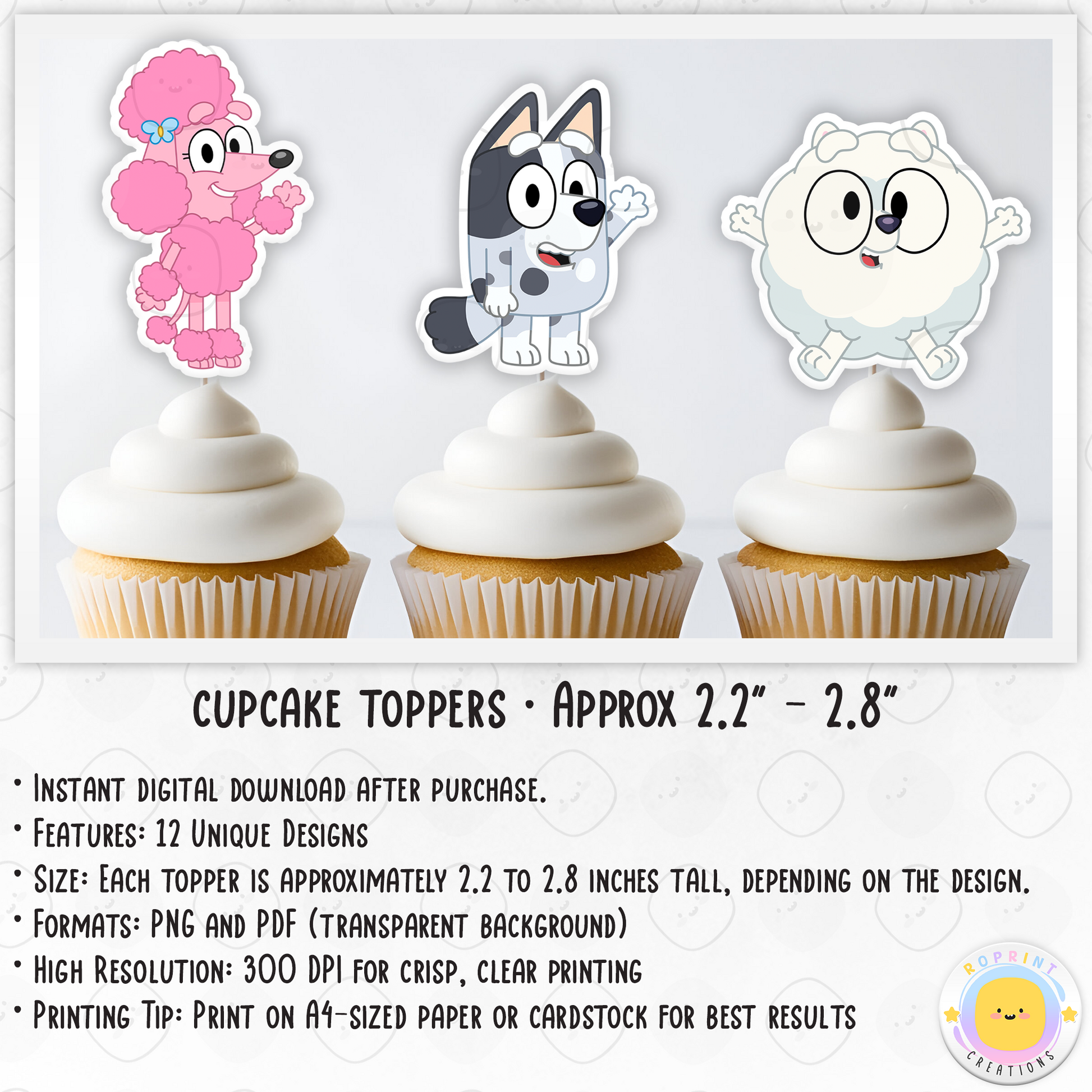 Bluey Cupcake Toppers - Bluey Birthday Cupcake Toppers
Add a fun touch to your celebration with these Bluey Cupcake Toppers! Instantly download, print, and assemble for a unique party decoration. These toppers can also be printed on edible paper or sticker paper to create fun stickers. Digital file only.