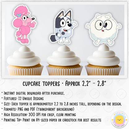 Bluey Cupcake Toppers - Bluey Birthday Cupcake Toppers
Add a fun touch to your celebration with these Bluey Cupcake Toppers! Instantly download, print, and assemble for a unique party decoration. These toppers can also be printed on edible paper or sticker paper to create fun stickers. Digital file only.