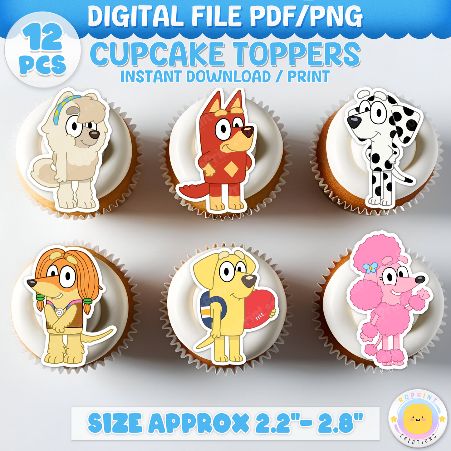 Bluey Cupcake Toppers - Bluey Birthday Cupcake Toppers
Add a fun touch to your celebration with these Bluey Cupcake Toppers! Instantly download, print, and assemble for a unique party decoration. These toppers can also be printed on edible paper or sticker paper to create fun stickers. Digital file only.