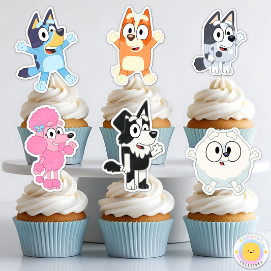 Bluey Cupcake Toppers - Bluey Birthday Cupcake Toppers
Add a fun touch to your celebration with these Bluey Cupcake Toppers! Instantly download, print, and assemble for a unique party decoration. These toppers can also be printed on edible paper or sticker paper to create fun stickers. Digital file only.