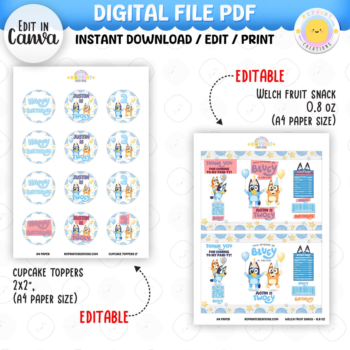 Bluey TWO-EY 2nd birthday party favors, editable Bluey second birthday printable favor template