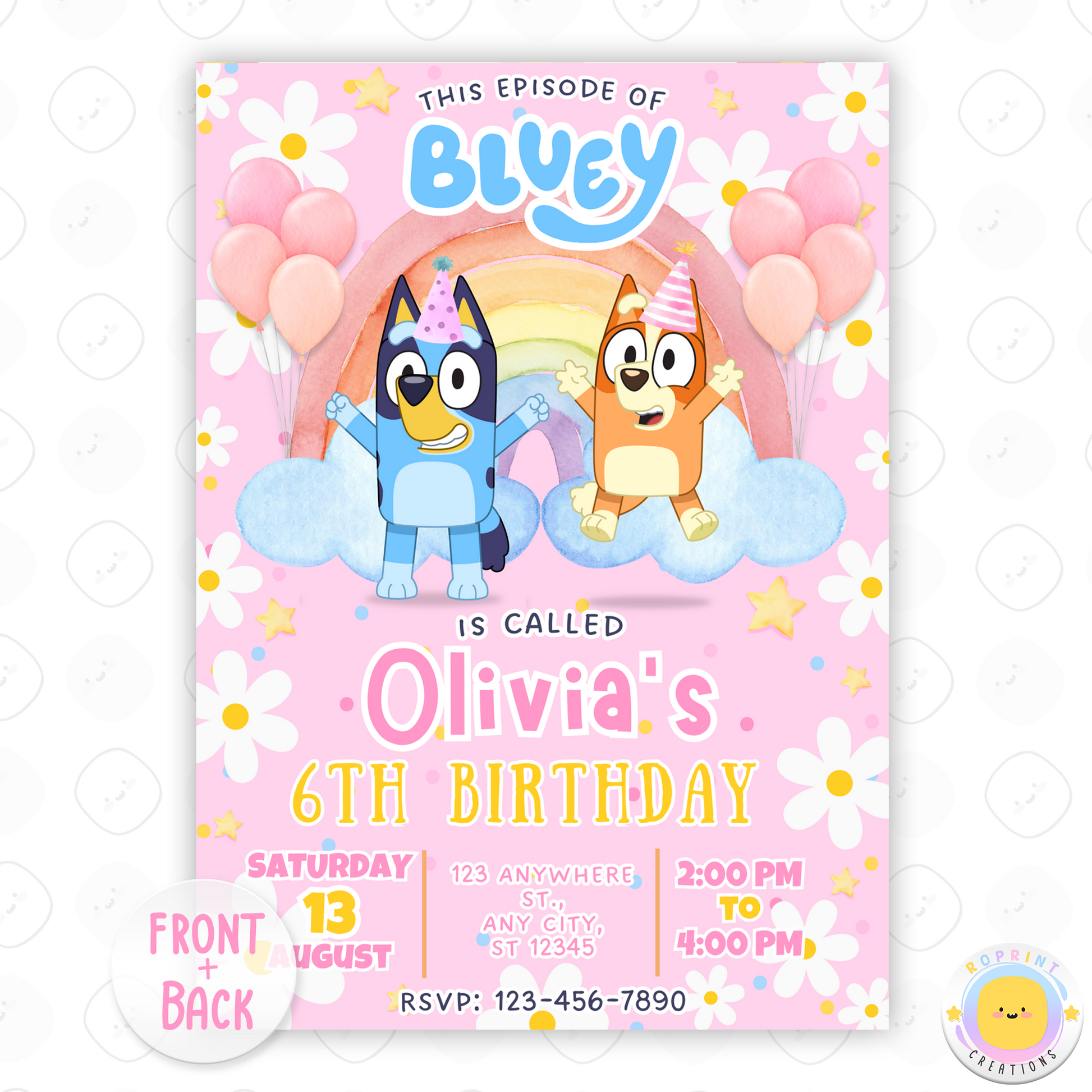 Editable Pink Bluey Birthday Invitation - Bluey TWO-EY Pink Birthday Girl Invitation Canva Template