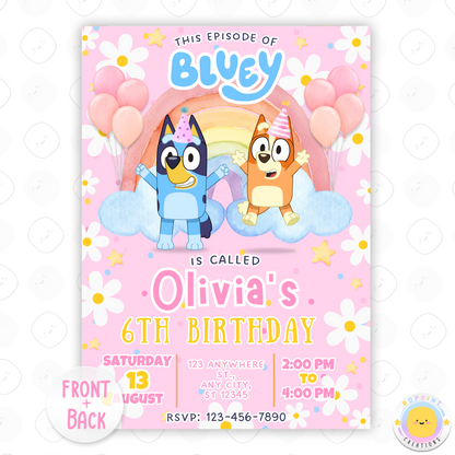 Editable Pink Bluey Birthday Invitation - Bluey TWO-EY Pink Birthday Girl Invitation Canva Template